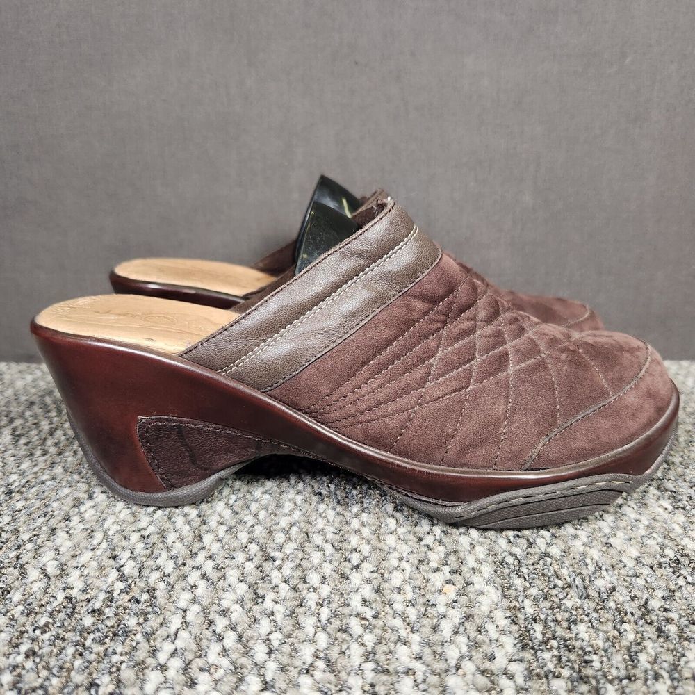 J-41 Rome Mules Womens Sz 7.5M Brown Heeled Slip On Clogs Quilted Suede Shoes